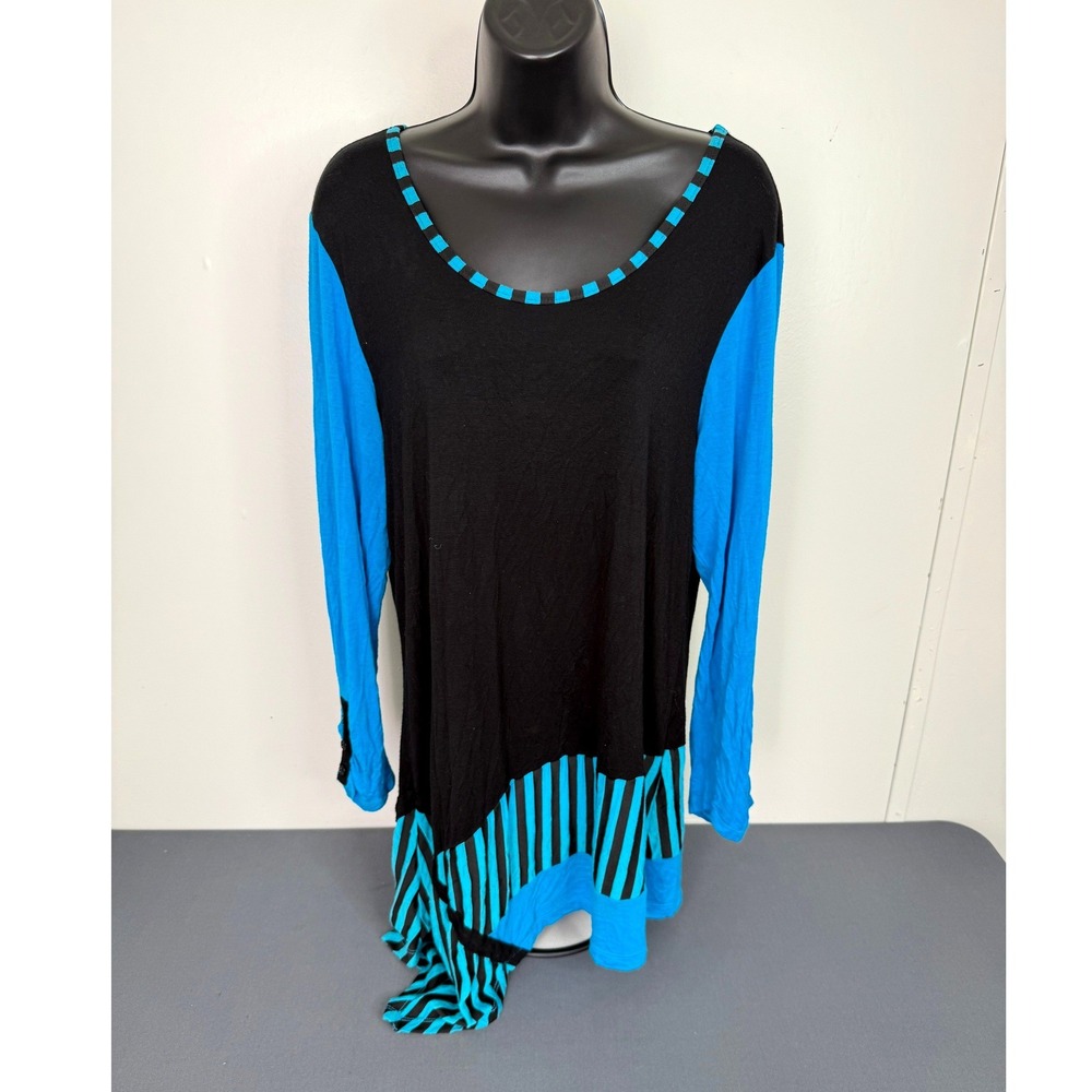 Aster Tunic Women Medium Blue Black Asymmetric Striped Colorblock Top
